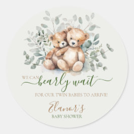 Pegatina Redonda Gemelos Teddy Bear Greenery Boho Neutral Baby Show