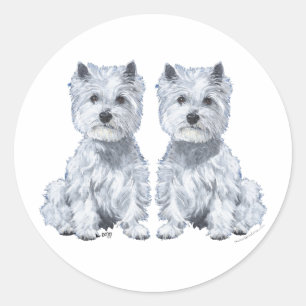 Pegatina Redonda ¡Gemelos Terrier West Highland Blanco!