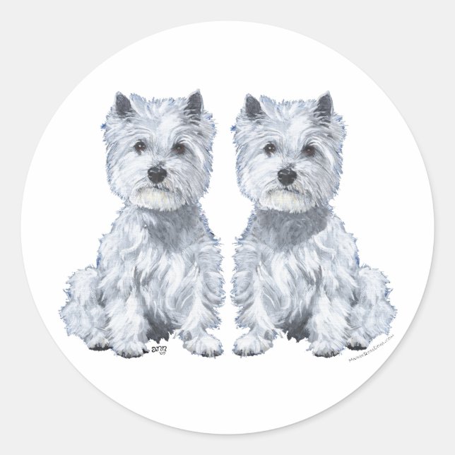 Pegatina Redonda ¡Gemelos Terrier West Highland Blanco! (Anverso)