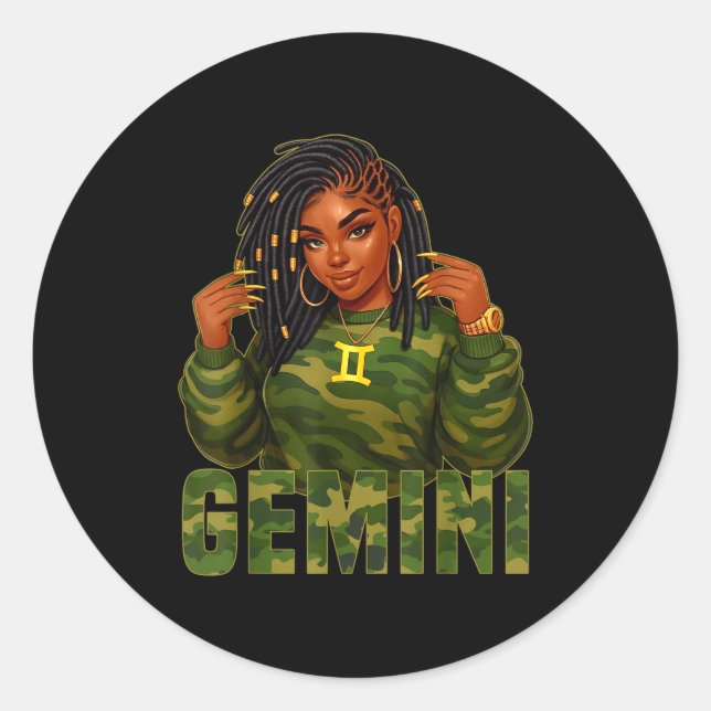 Pegatina Redonda Gemini Queen Loc'd Black Woman Camo Zodiac Sign  (Anverso)