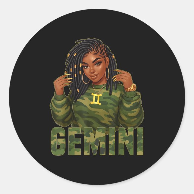 Pegatina Redonda Gemini Queen Loc'd Black Woman Camo Zodiac Sign  (Anverso)