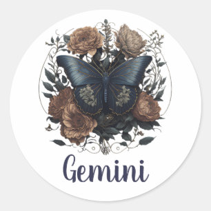 Pegatina Redonda Gemini Zodiac Vintage Art Con Texto Azul Oscuro