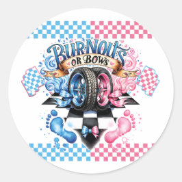 Pegatina Redonda Gender Reveal Pink and Blue Bows and Tires