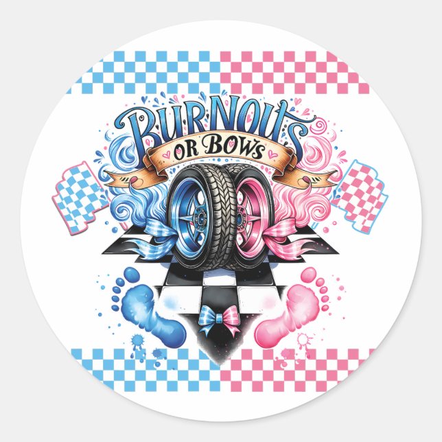 Pegatina Redonda Gender Reveal Pink and Blue Bows and Tires (Anverso)