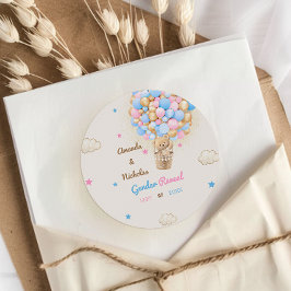 Pegatina Redonda Género de oso de peluche revelan azul rosado