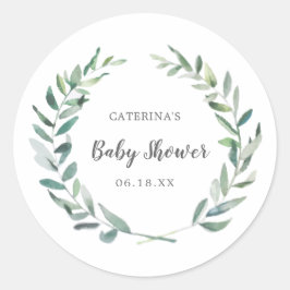 Pegatina Redonda Género Neutral Baby Shower Rústico Greenery Wreath