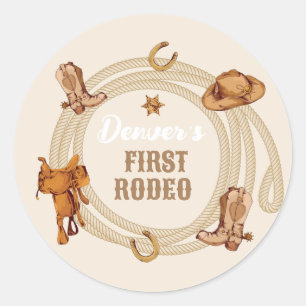 Pegatina Redonda Género Neutral del primer cumpleaños del rodeo de 
