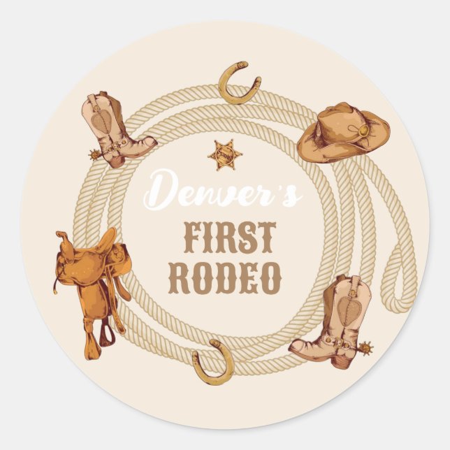Pegatina Redonda Género Neutral del primer cumpleaños del rodeo de  (Anverso)