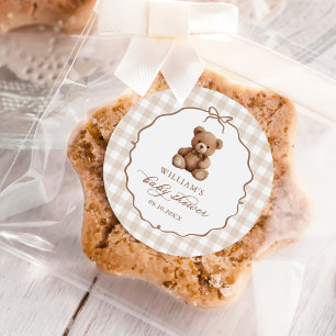 Pegatina Redonda Género Neutral Gingham Teddy Bear Baby Shower