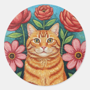 Pegatina Redonda Gente de Arte de Gato Naranja Flores