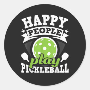 Pegatina Redonda Gente Feliz Juega Pickleball - Jugador de Paleta
