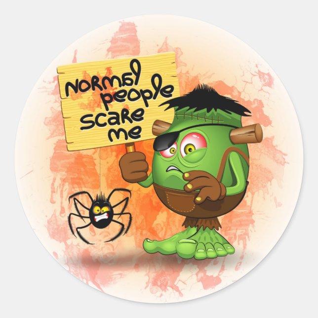 Pegatina Redonda 'Gente normal me asusta' Humorístico Frankenstein (Anverso)