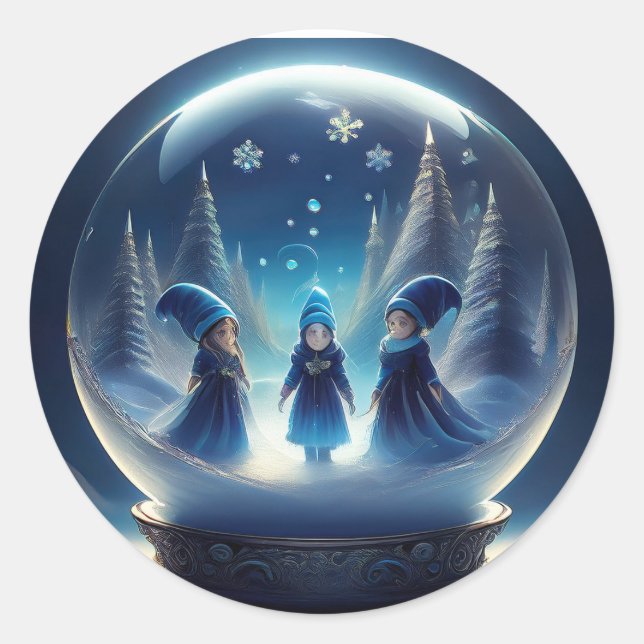 Pegatina Redonda Gente Pequeña En Un Globo De Nieve (Anverso)