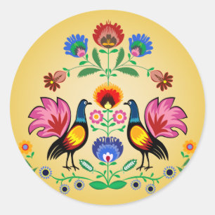 Pegatina Redonda Gente polaca con floral decorativo y los pollos