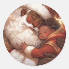 Pegatina Redonda "Gentle Guardian: Papá Noel negro y bebé pacífico"