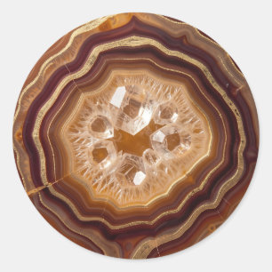 Pegatina Redonda Geoda de Ágata Dorada Cuarzo Cristal Primer Plano