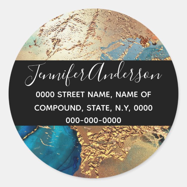 Pegatina Redonda Geode faux azul dorado púrpura moda de pavo real (Anverso)