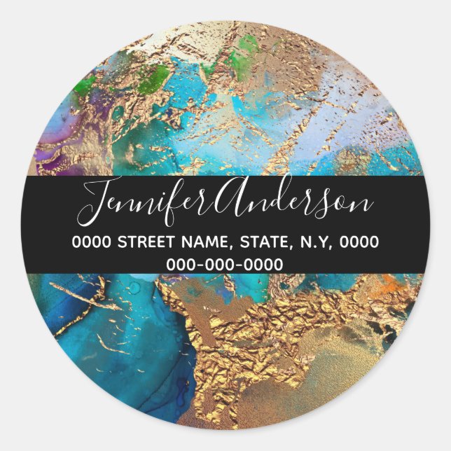 Pegatina Redonda Geode faux azul dorado púrpura moda pavo (Anverso)