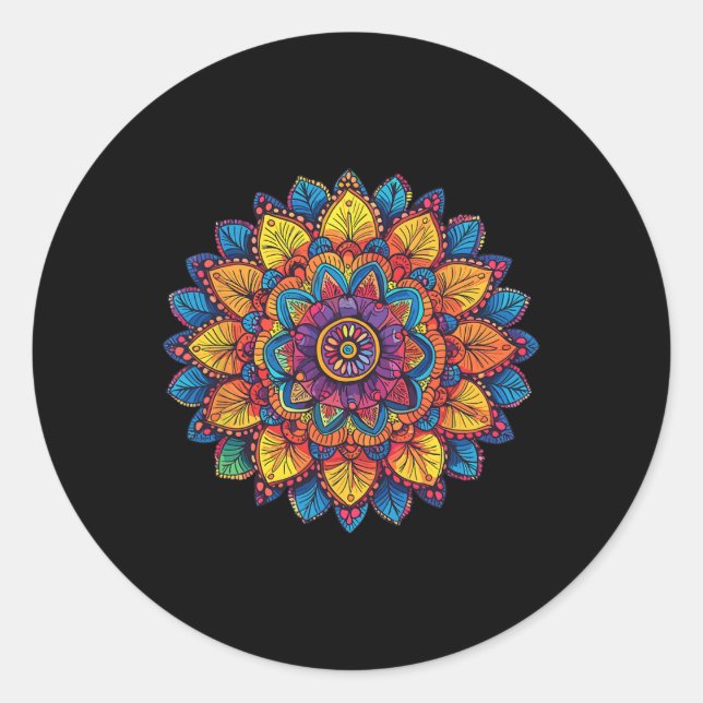 Pegatina Redonda Geometría Espiritual de Mandala de Arcoíris (Anverso)