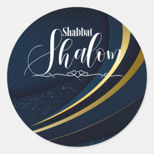 Pegatina Redonda Geométrico Azul Oscuro Dorado Línea Shabbat Shalom