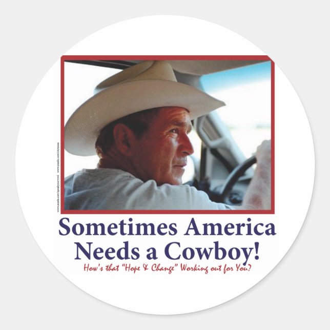 Pegatina Redonda George W Bush en el Gorra de Cowboy (Anverso)