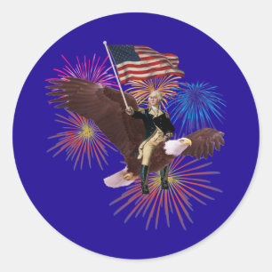 Pegatina Redonda George Washington montando un águila con bandera