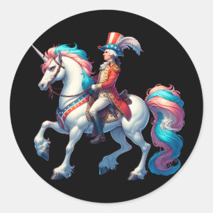Pegatina Redonda George Washington montando un unicornio 4 de julio