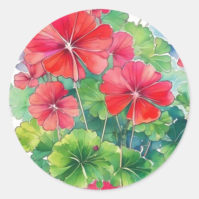 Pegatina Redonda Geranium Modern Watercolor (Anverso)
