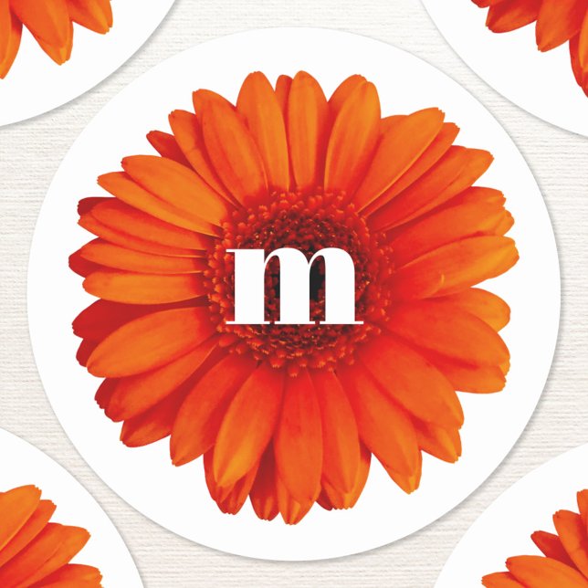 Pegatina Redonda Gerbera Daisy Monograma Inicial (Modern monogram initial personalized gerbera daisy stickers)