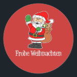 Pegatina Redonda German Christmas Santa Frohe Weihnachten<br><div class="desc">German Christmas Santa Frohe Weihnachten on red. Say Merry Christmas in German with this cute,  cartoon Santa. Perfect for gift bags or party decor.</div>