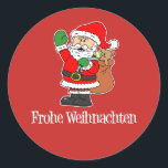 Pegatina Redonda German Christmas Santa Frohe Weihnachten<br><div class="desc">German Christmas Santa Frohe Weihnachten on red. Say Merry Christmas in German with this cute,  cartoon Santa. Perfect for gift bags or party decor.</div>