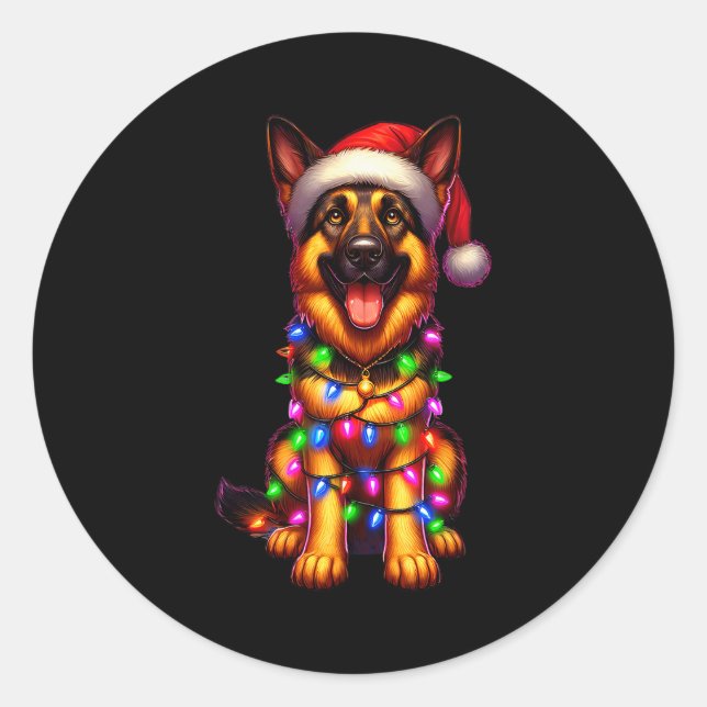 Pegatina Redonda German Shepherd Christmas Tree Lights Xmas Pajama  (Anverso)