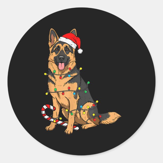 Pegatina Redonda German Shepherd Dog Christmas Lights Xmas Pet Dog  (Anverso)