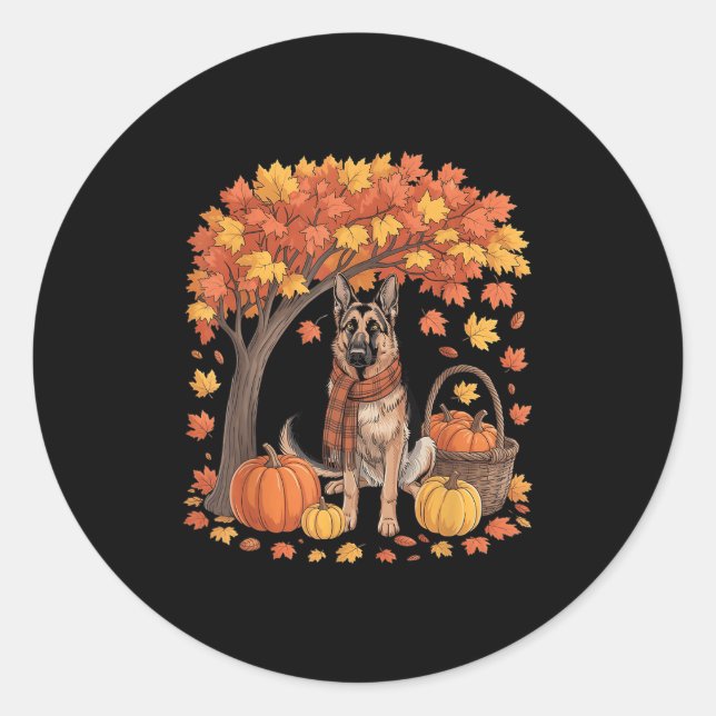 Pegatina Redonda German Shepherd Dog Fall Scarf Pumpkin Autumn Than (Anverso)