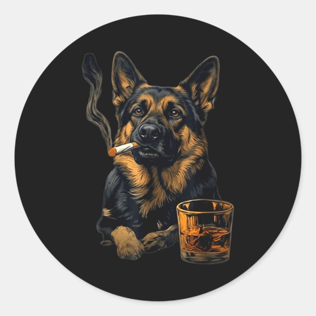Pegatina Redonda German Shepherd Dog Smoking Cigarette Whisky Lover (Anverso)