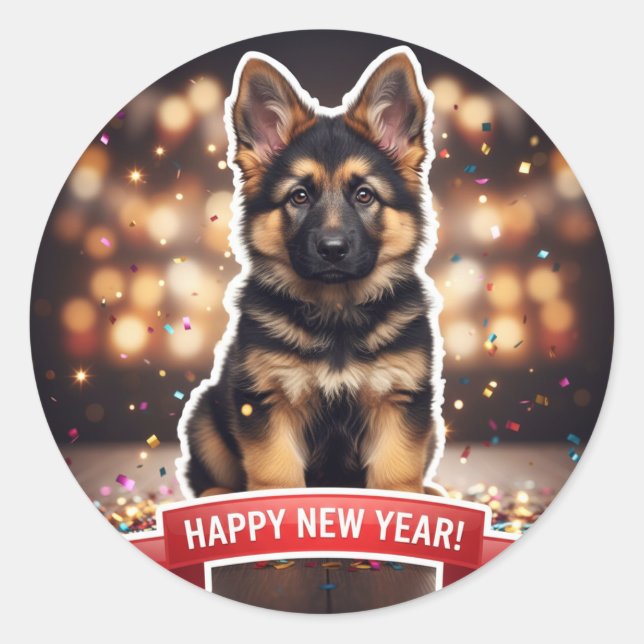 Pegatina Redonda German Shepherd Puppy Confetti Celebration Sticker (Anverso)