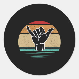 Pegatina Redonda Gesto de mano divertido de surfista Shaka Vintage 