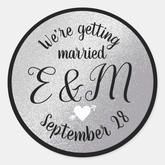Pegatina Redonda get married circle gray / faux silver wedding  (Anverso)