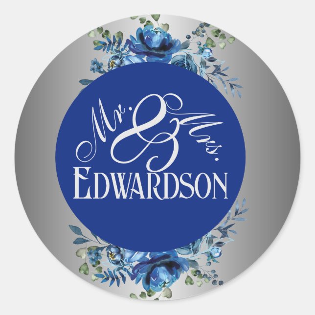 Pegatina Redonda Ghear in Love: Blue Petals & Silver Monogramed (Anverso)