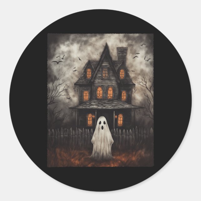 Pegatina Redonda Ghost Haunted House Midnight Halloween Ghost Spook (Anverso)