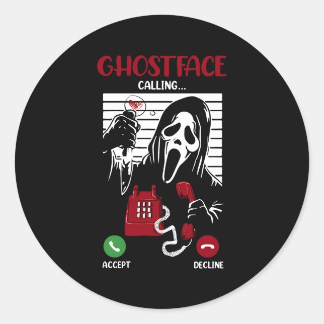 Pegatina Redonda Ghostface llama a Halloween fantasma asustada por (Anverso)