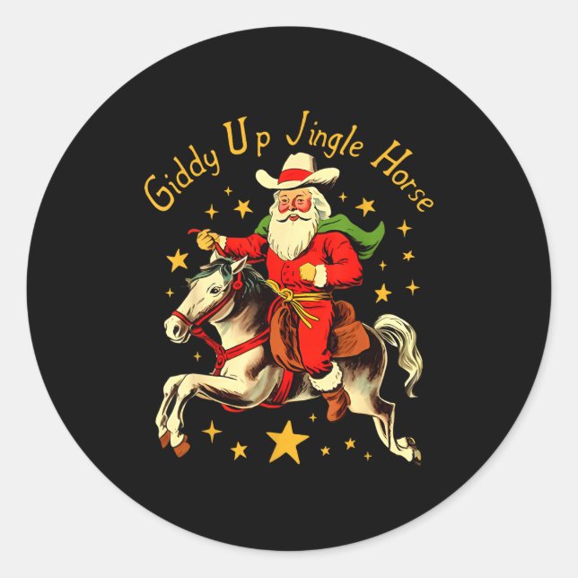 Pegatina Redonda Giddy Up Jingle Horse Funny Retro Santa Cowboy Chr (Anverso)