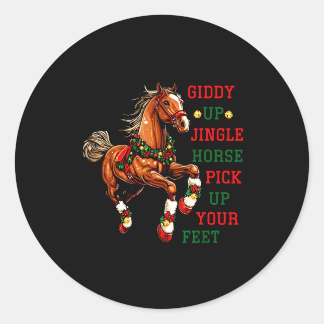 Pegatina Redonda Giddy Up Jingle Horse Western Christmas Horse Coun (Anverso)