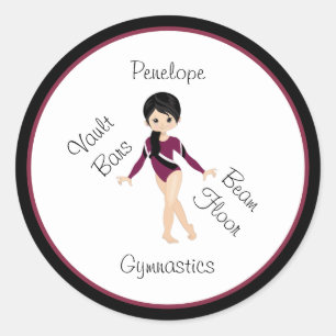 Pegatina Redonda Gimnasia Pelo Negro, Ojos Marrones, Leo Burgundy  