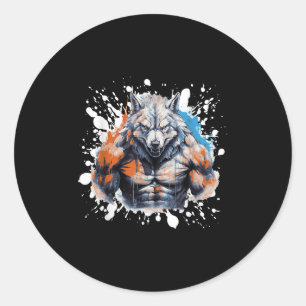 Pegatina Redonda Gimnasio de entrenamiento de lobo luchador culturi