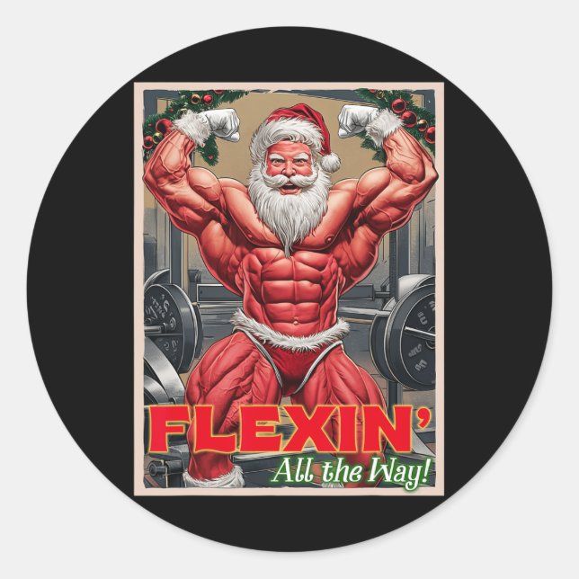 Pegatina Redonda Gimnasio Muscular Santa Claus Flexin todo el camin (Anverso)