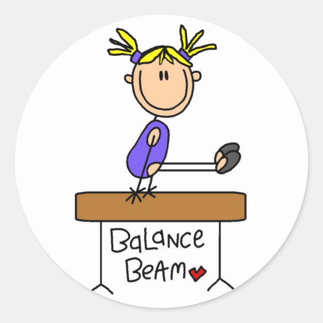 Pegatina Redonda Gimnasta Chica rubia en camisetas de vigas y regal (Anverso)