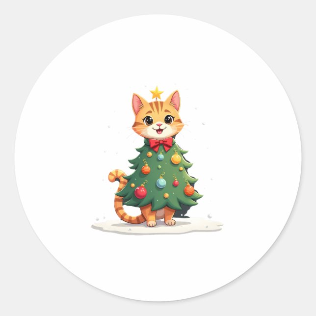 Pegatina Redonda Ginger Cat Árbol navideño lindo Chicas de Navidad  (Anverso)