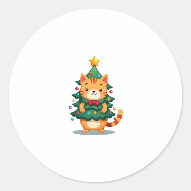 Pegatina Redonda Ginger Cat Árbol navideño lindo Navidad 2 (Anverso)
