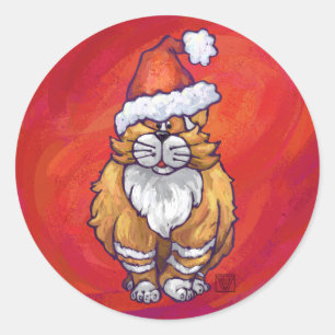 Pegatina Redonda Ginger Cat Navidades En Rojo